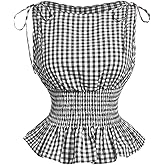 GORGLITTER Women's Gingham Boat Neck Crop Tank Top Bow Cinched Waisted Cute Plaid Checkered Ruffle Smocked Fitted Shirt