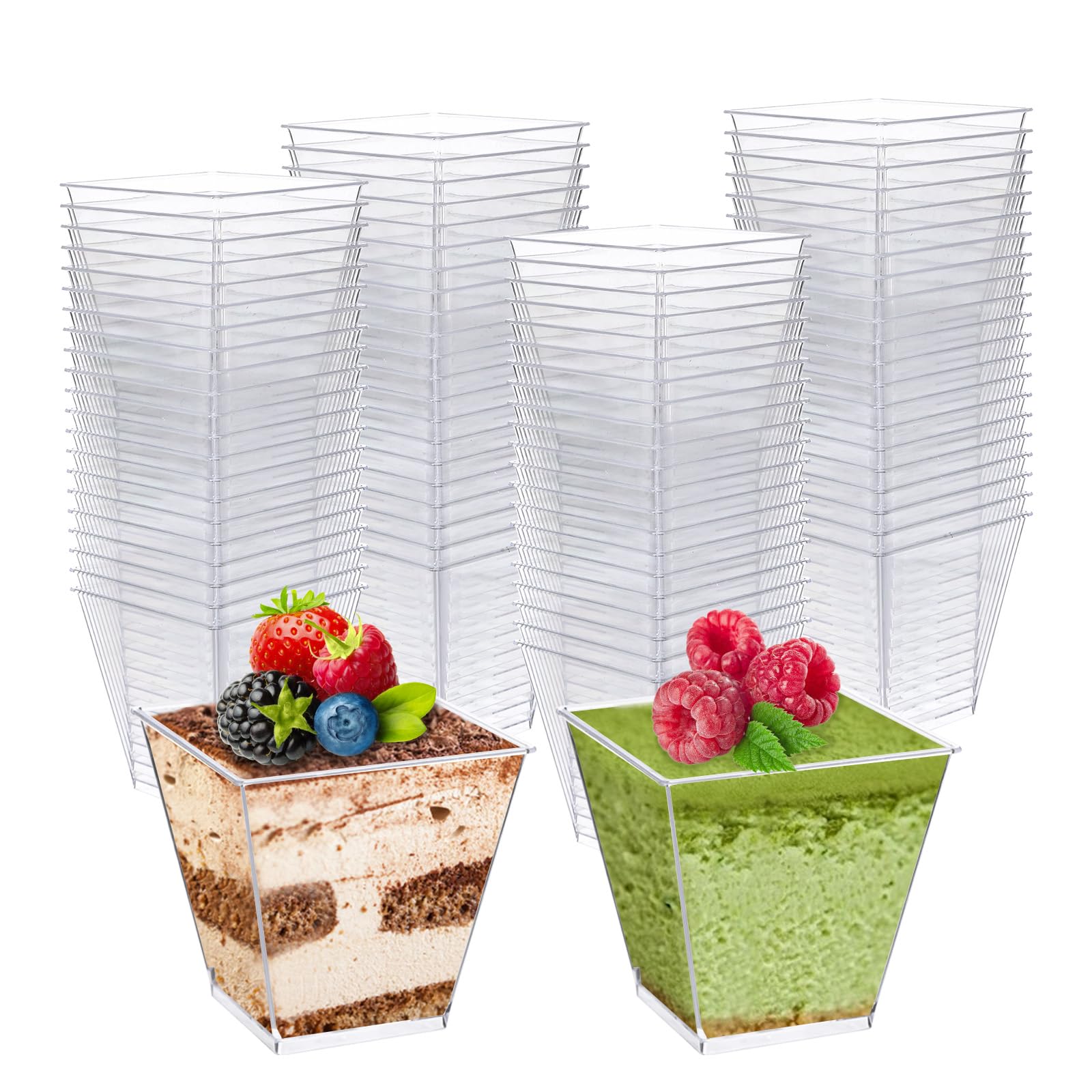 Photo 1 of 100 Pack 8 Oz Appetizer Cups, Charcuterie Cups, Mini Square Dessert Cups, Jello Cups, Pudding Cups, Parfait Fruit Cups Plastic Disposable Dessert Cups for Party Wedding Bridal Shower Catering Supplies