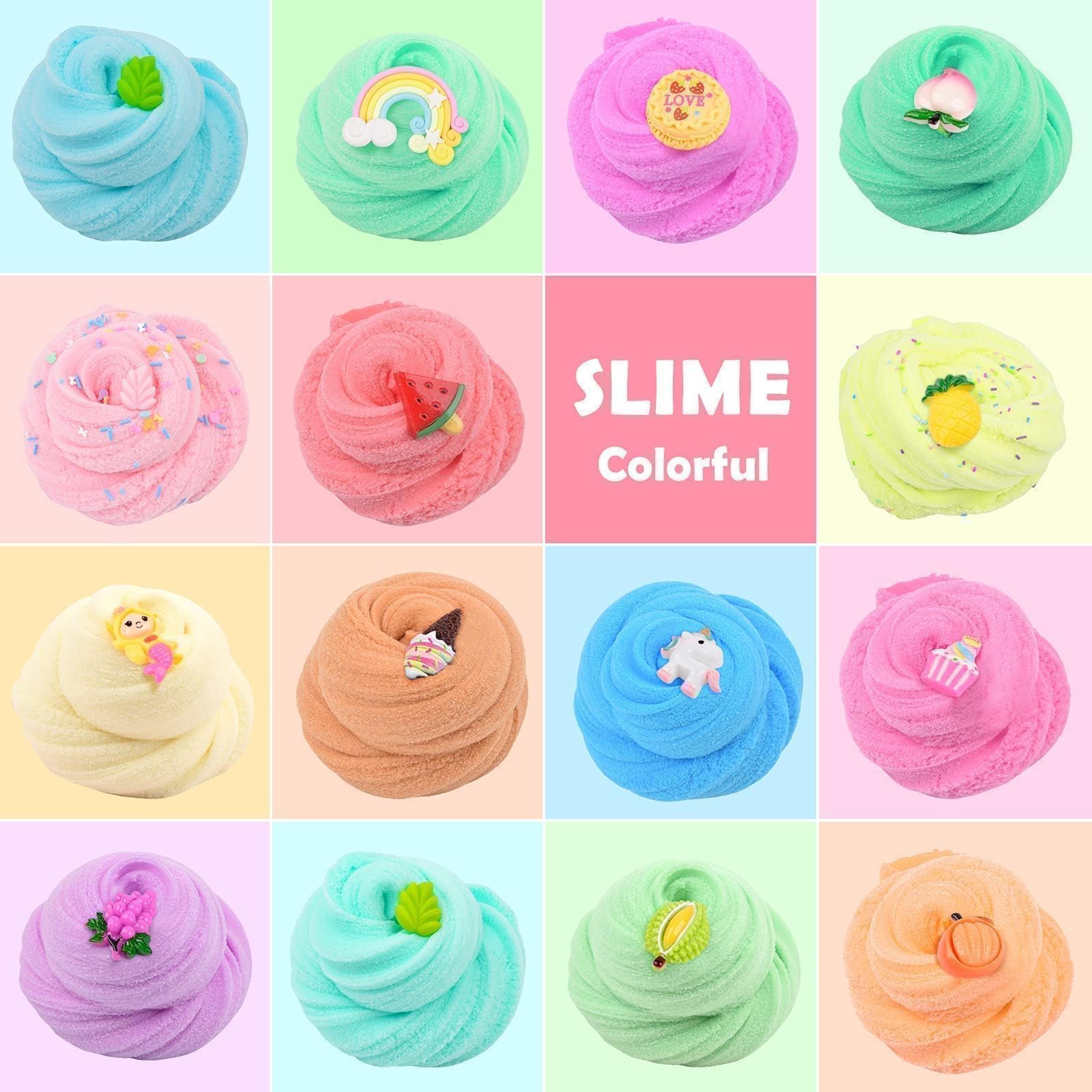 15 Pack Cloud Slime Kit for Kids, with Peach Cake Fruits Animals, and Pink Charms, Scented DIY Slime Supplies for Girls and Boys, Stress Relief Toy for Kids, Education Birthday Party Favor 4-12