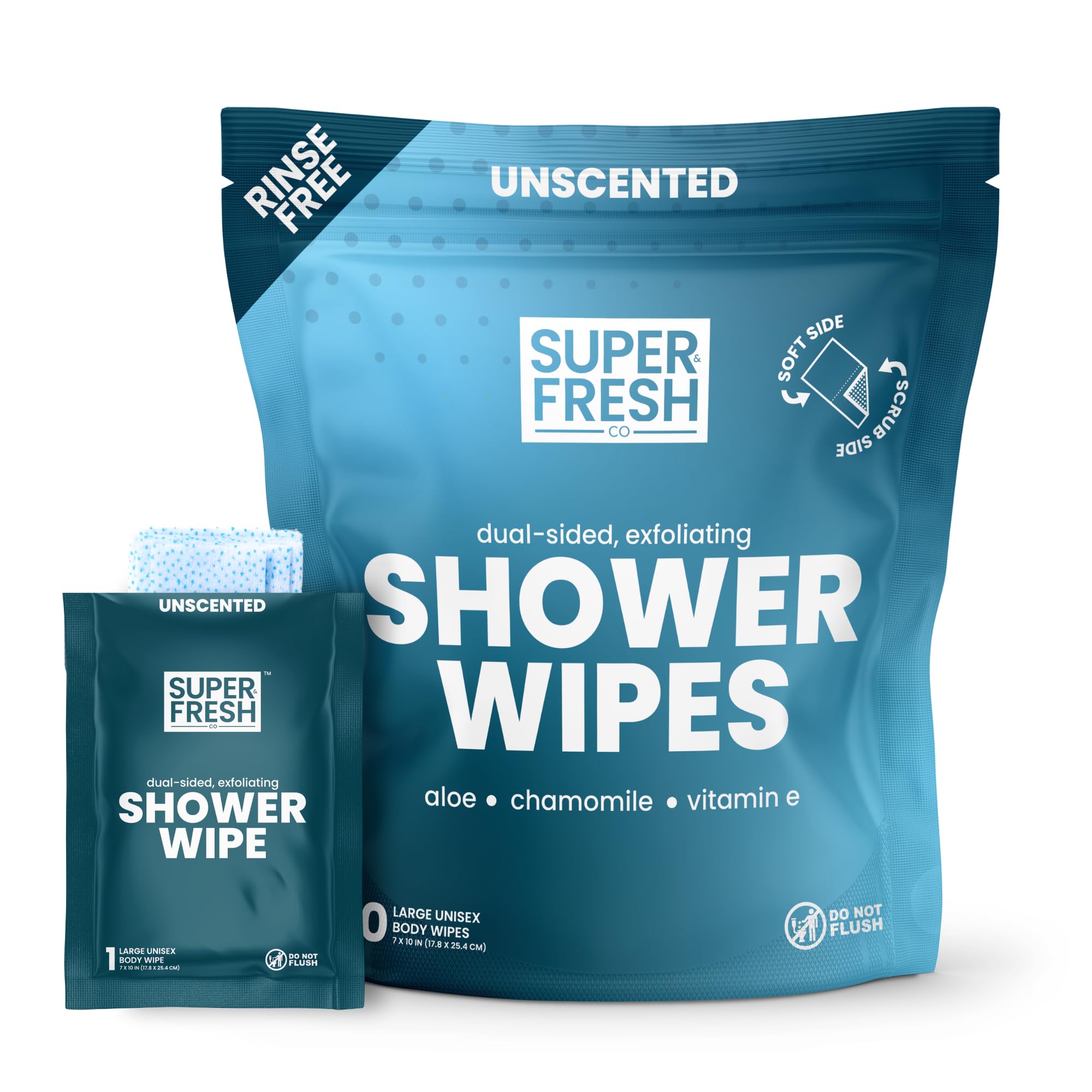 Super Fresh Body Wipes, Large Unscented Shower Wipe for Adults Men Women Kids, Personal Hygiene Cleansing Cloth Enriched with Aloe and Vitamin E, Individually Wrapped 10 Pack, Travel Essentials