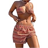 BEAUDRM Women's 3 Piece Swimsuit Set Boho Bikini Set Textured Hollow Out Halter Triangle Bathing Suit with Cover Up Shorts