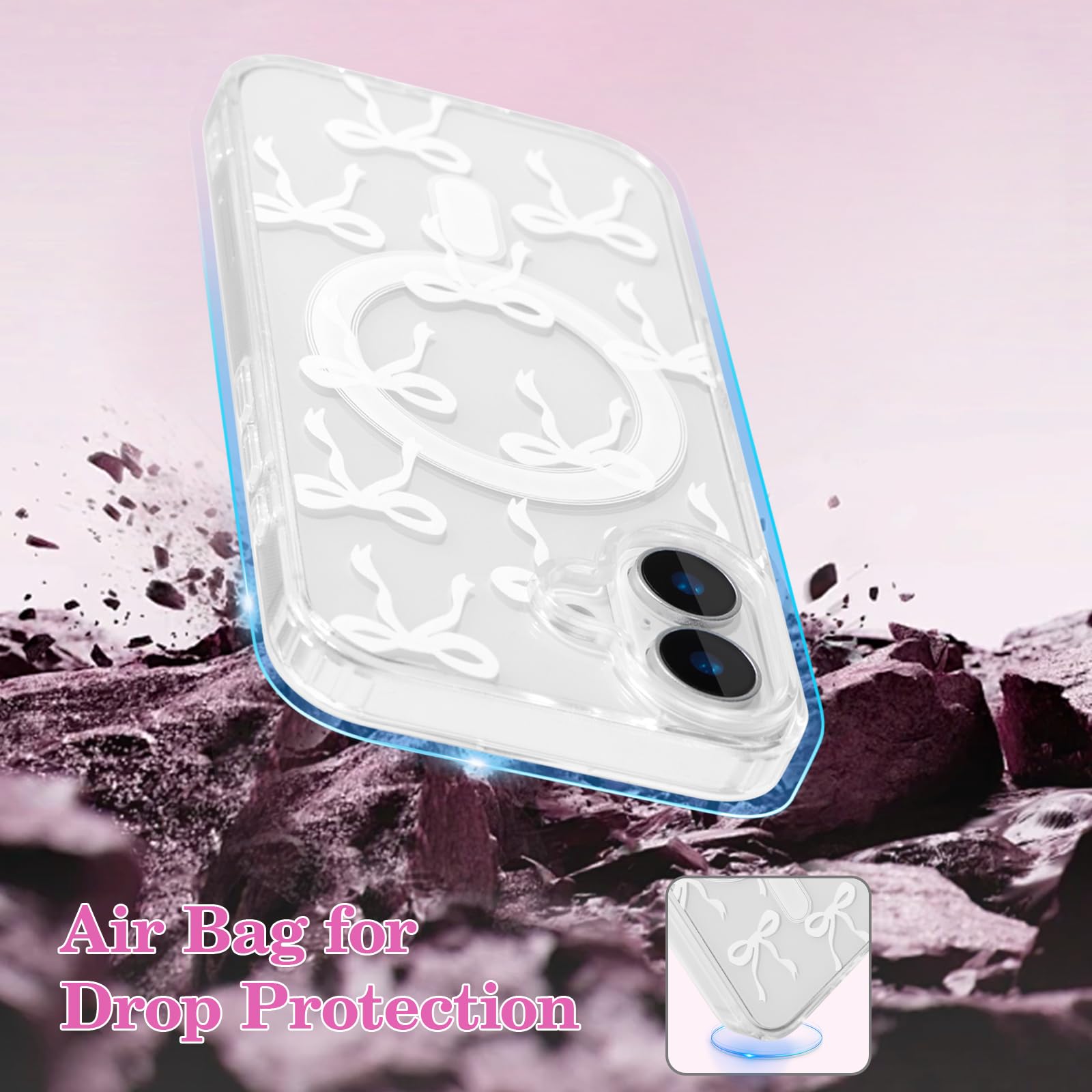 UEEBAI Magnetic for iPhone 16 Case, Bow Case Compatible with MagSafe, Wireless Slim Clear Ribbon Aesthetic Phone Cover Anti-Yellowing Shockproof Protective Cover for Women Girl - White