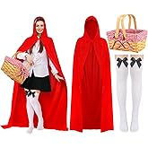 Mepase 3 Pcs Halloween Women Riding Hood Costume Long Velvet Red Cape with Hood & Gingham Hand Picnic Basket & Satin Bow Knee High Socks for Women Halloween Cosplay Party