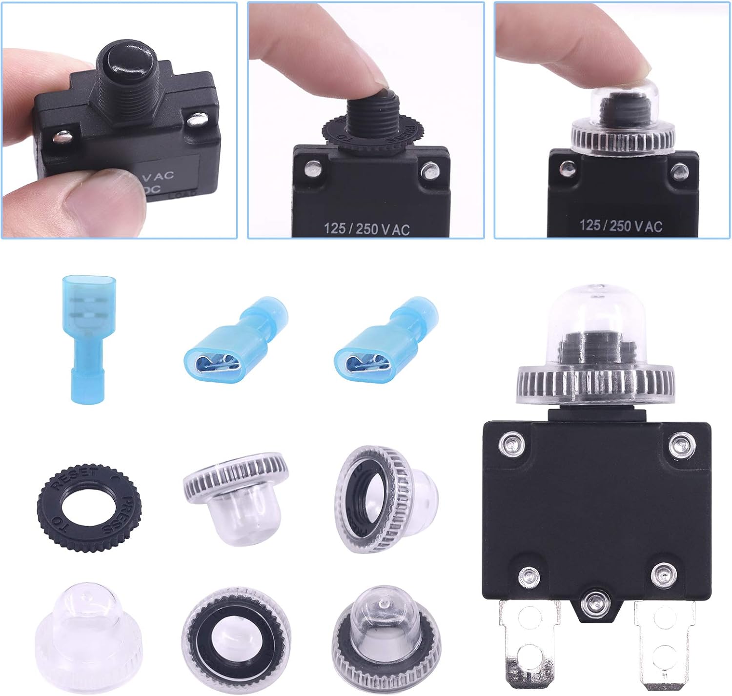 Glarks 30Pcs 5A 10A 15A 20A 30A Circuit Breakers Thermal Overload Protector Switch with Manual Reset 32VDC, AC125-250V With Quick Connect Female Spade Terminal and Waterproof Button Caps - - 