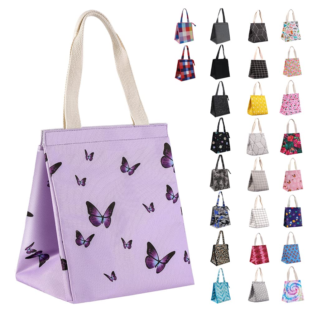 iknoe Insulated Lunch Bag for Women, 9L Sturdy Wide-Open Foldable & Portable Lunch Tote with Interior Pockets, Water-Resistant Thermal Lunch Cooler for Adults Picnic Beach Purple Butterflies