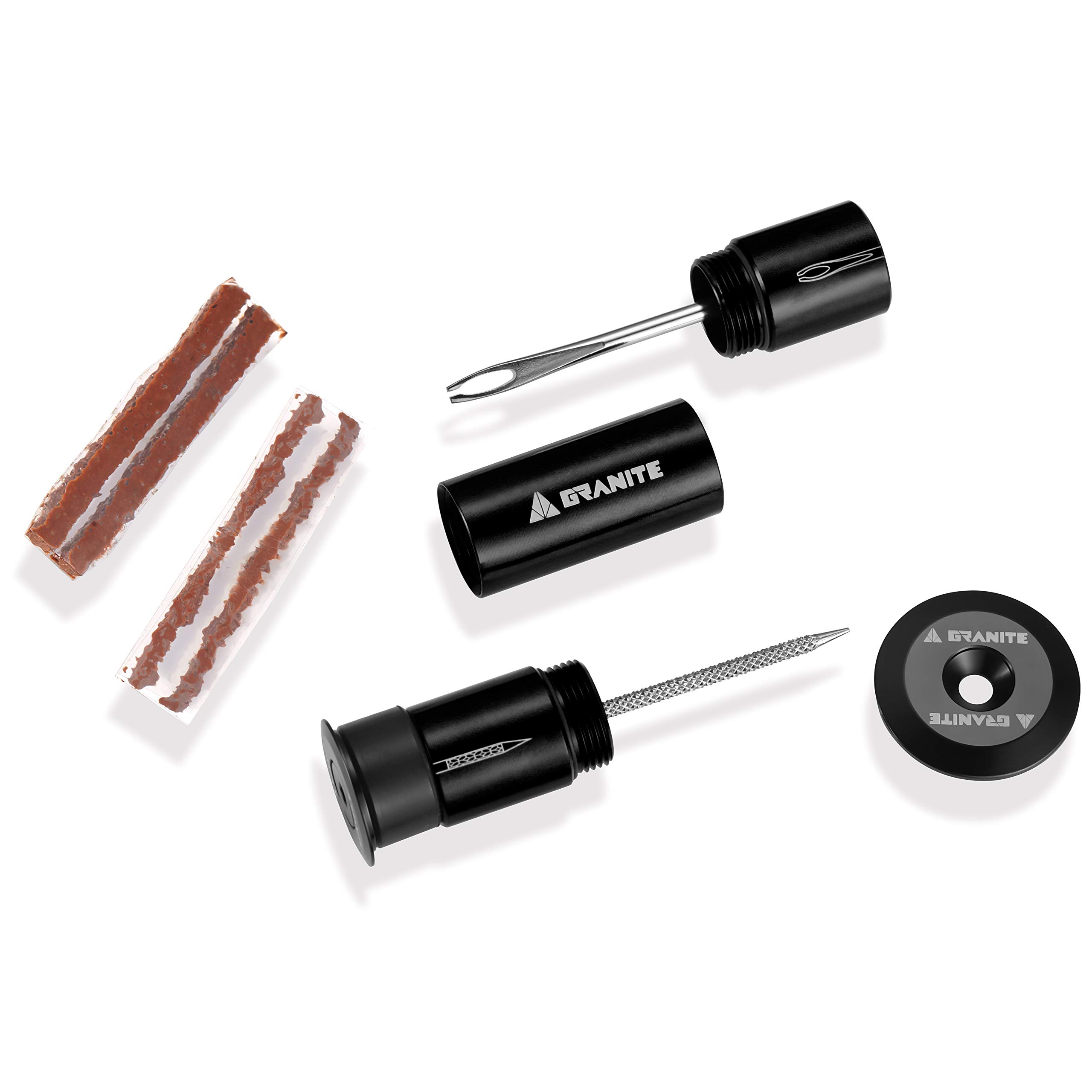 Granite Stash Tubeless Flat Tyre Repair Kit Bike Tool Kit - Easy Handlebar Storage - Complete Bike Tyre Plug Kit - 2 Different Size Tyre Plugs - Portable - Easy and Effortless Usage (Black)