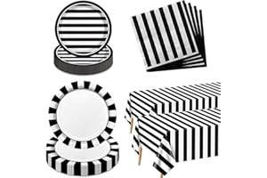 122 Pieces Black and White Striped Party Supplies Black and White Plates and Napkins Set with Paper Plates Napkins Plastic Ta