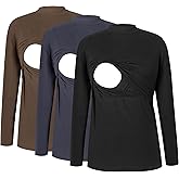 Smallshow Women's Nursing Tops Crew Neck Long Sleeve Breastfeeding Shirt 3 Packs