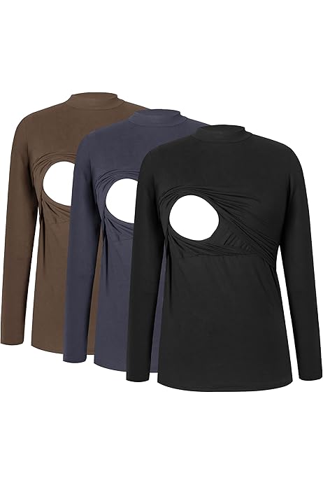 Breast Feeding Shirts Women GINKANA Nursing Shirt Long Sleeve Mock