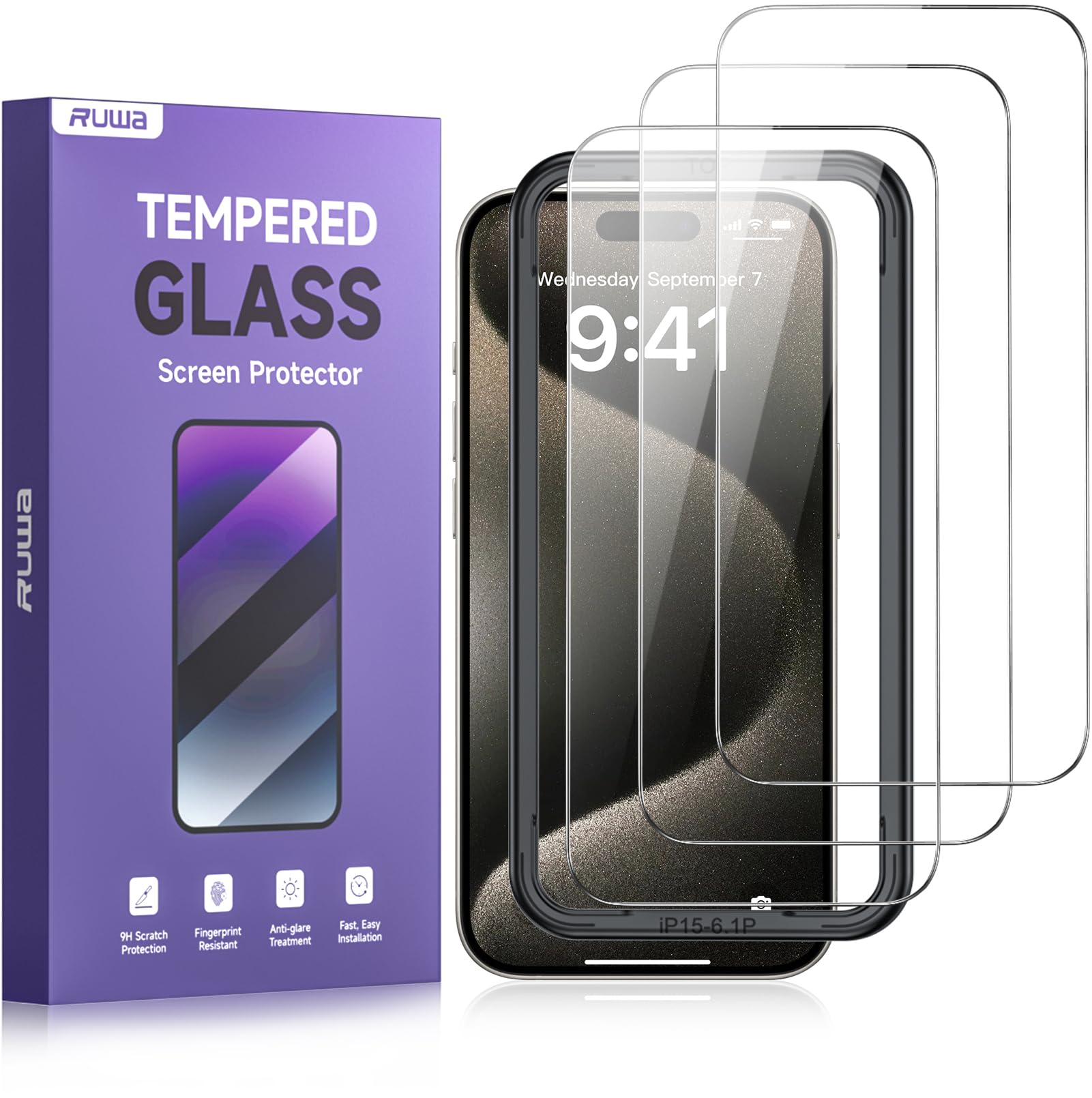 ruwa Screen Protector for iPhone 15 Pro[3-Pack] [6.1 Inch] HD Clear Tempered Glass Film with Easy Installation Frame, Case Friendly