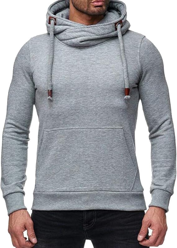 SELX Men Hooded Funnel Neck Pullover Solid Kangaroo Pocket Sweatshirt