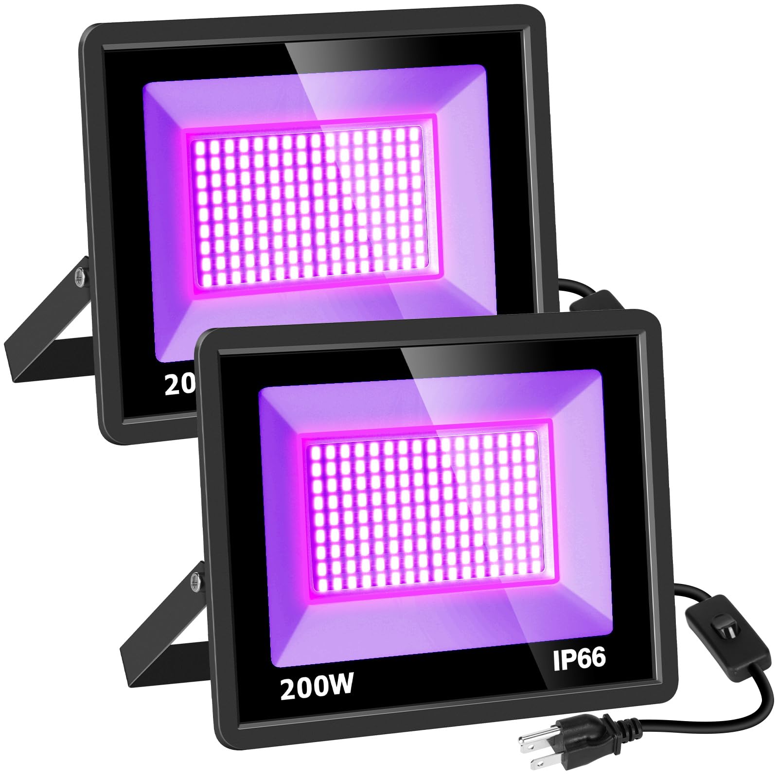 Photo 1 of NEWREACH 2 Pack 200W LED Black Light, IP66 Waterproof Outdoor Blacklight Flood Light Spotlight with Plug, Switch, Cord for Neon Glow Party Fluorescent Poster Body Paint Stage Lighting Halloween Decor