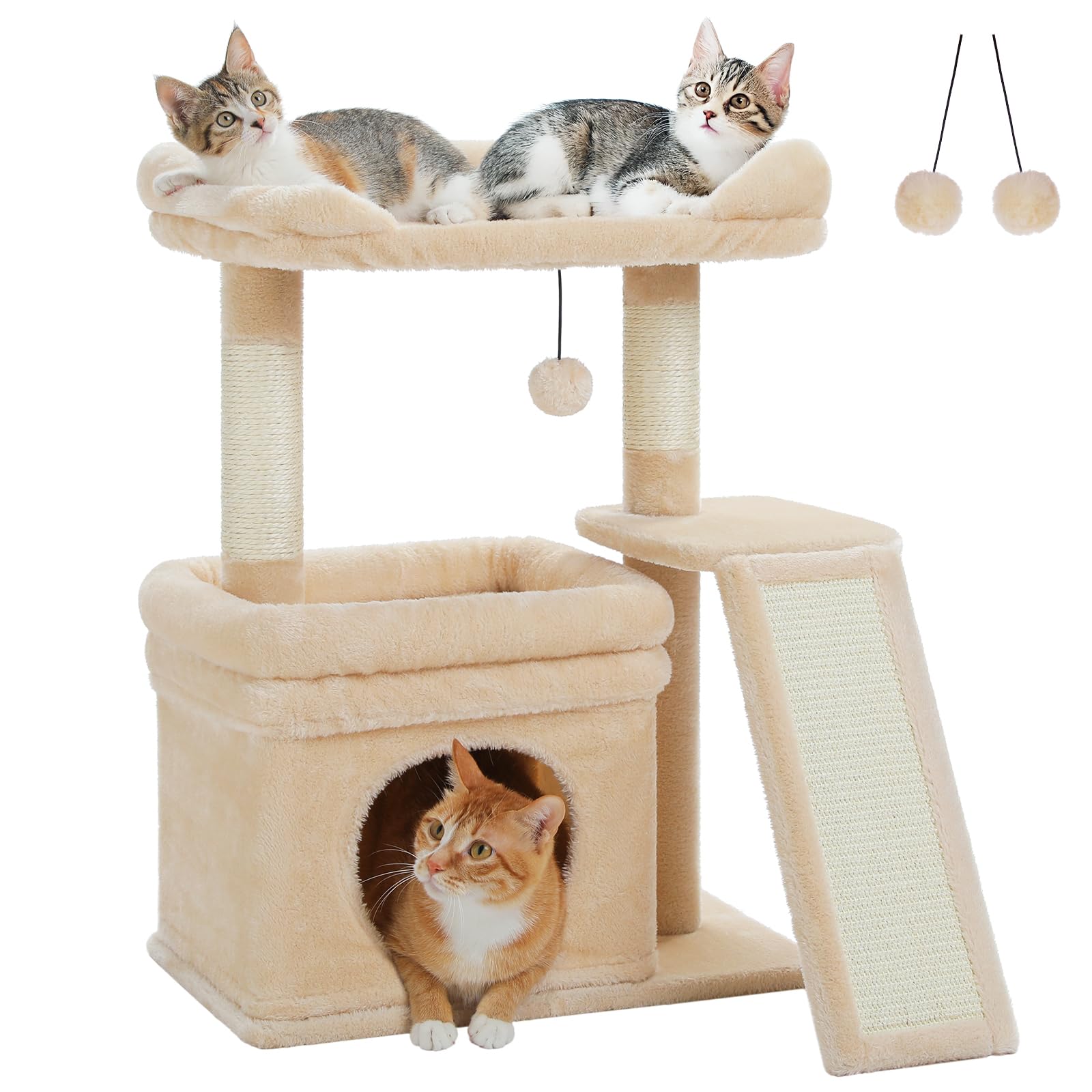 Photo 1 of PEQULTI Small Cat Tree Tower for Large Adult Cats with Wide Top Perch, Private Cat Condo and Sisal Scratching Post&Pad for Indoor Cats, Beige