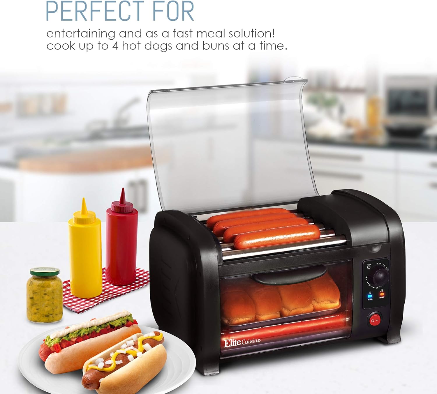 Elite Gourmet EHD-051B Hot Dog Toaster Oven, 30-Min Timer, Stainless Steel Heat Rollers Bake & Crumb Tray, World Series Baseball, 4 Bun Capacity, Black: Kitchen & Dining