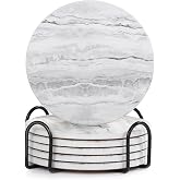 Acejoz Drink Coasters with Holder for Coffee Table, Absorbent Coaster Set of 6, Marble Style Ceramic Coaster for Wooden Table, Suitable for Kinds of Cups, Home Decor, 4 Inches
