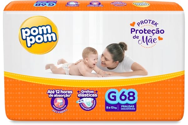Fralda Pom Pom Protek Proteção de Mãe Hiper G 68 Unidades