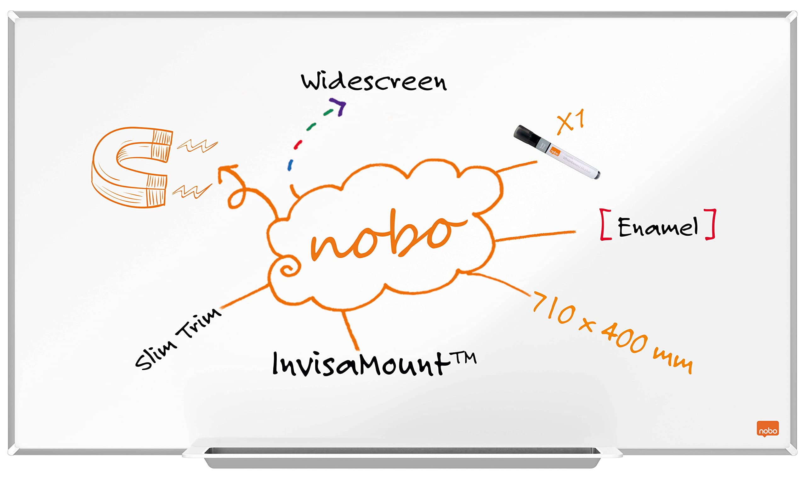 Nobo Widescreen EnamC2:C89el Magnetic Whiteboard With Pen Tray, 710 x 400mm, Slim Trim Frame, InvisaMount Mounting System, Impression Pro, 71cm x 40cm, White, 1915248