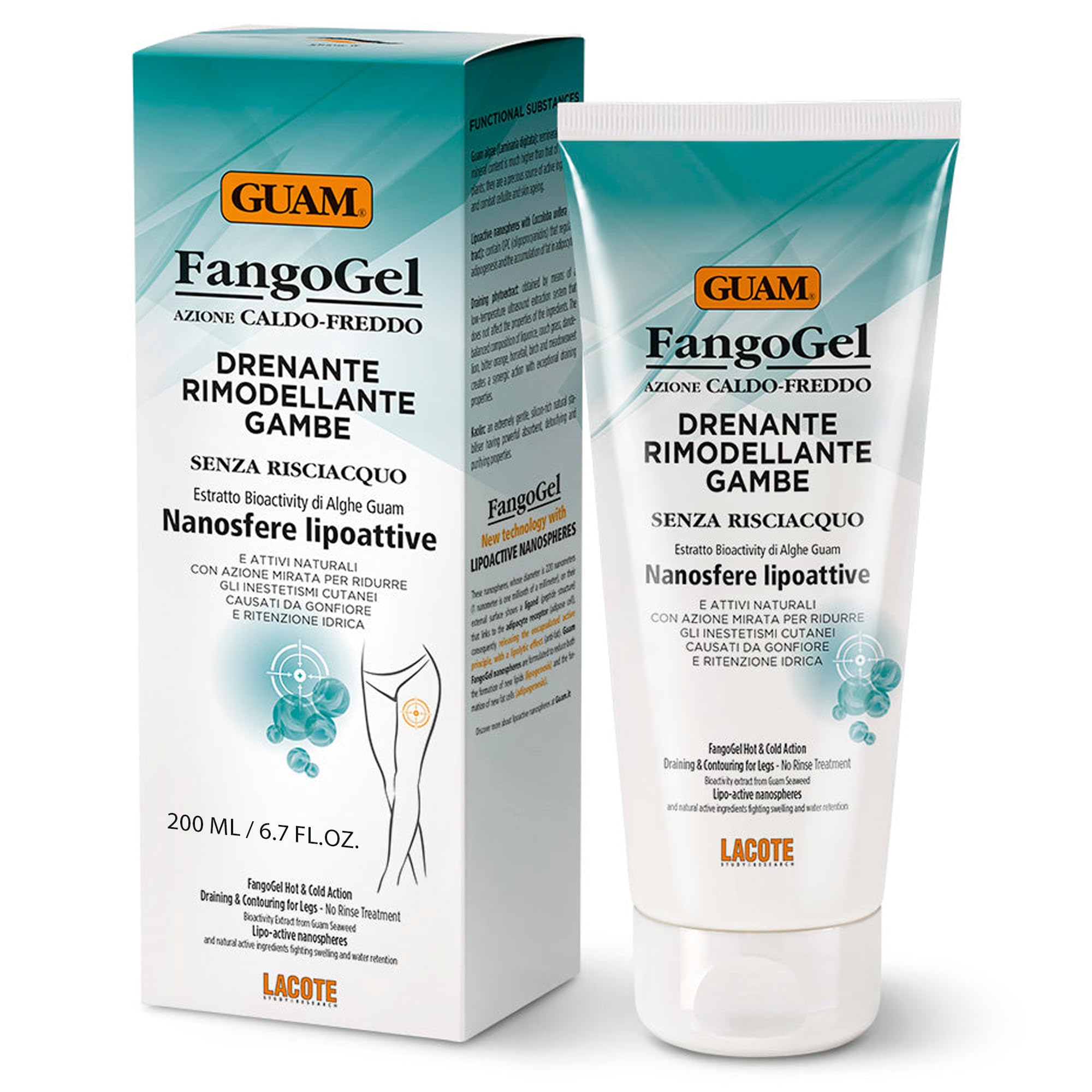 GUAM FangoGel Anti Cellulite Cream for Legs with Hot-Cold Action - 200ml No-Rinse Lipo Active Mud Gel for Skin Firming, Slimming Care, Water Retention and Smoother-Looking Sculpted Legs