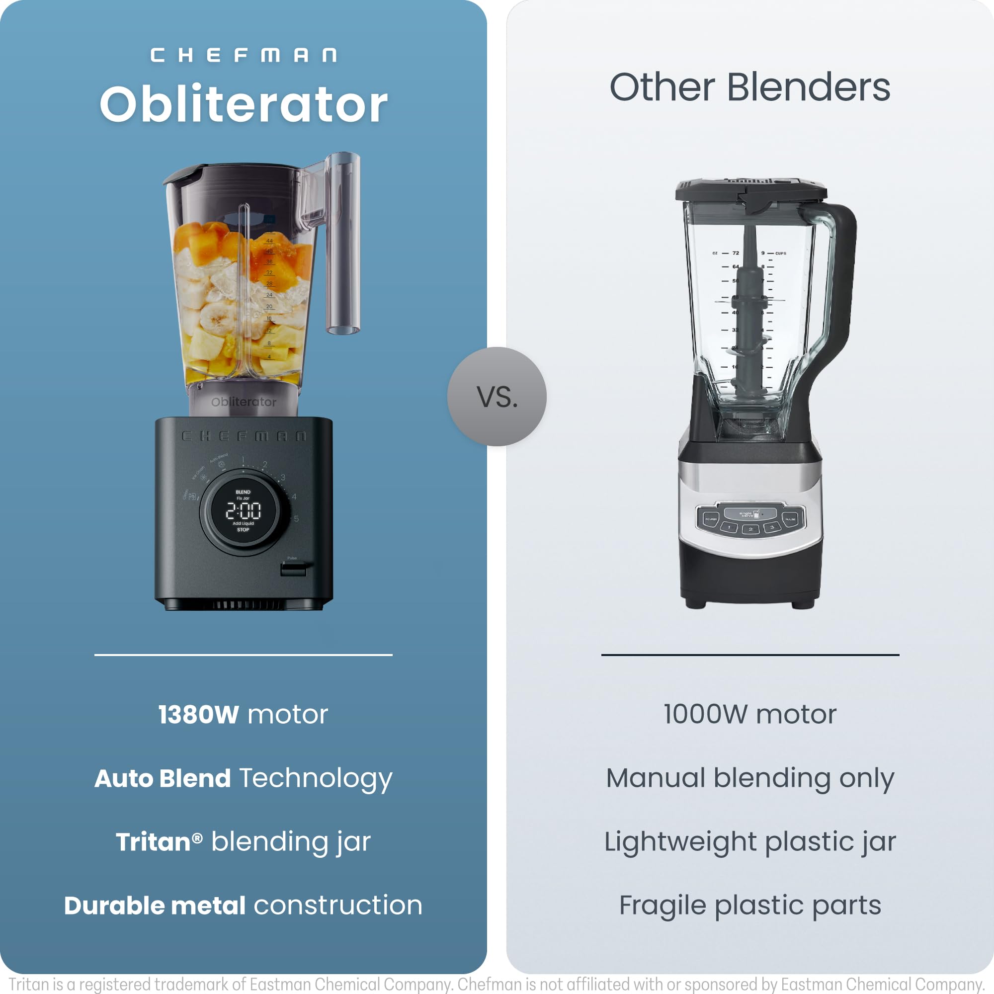 Chefman Obliterator Licuadora de encimera de 48 oz para batidos, motor de 1380 W para triturar hielo, nueces y frutas congeladas con hoja de acero inoxidable, función de mezcla automática, incluye manipulador y raspador