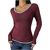 Milumia Women's Cable Knit V Neck Long Sleeve Sweater Casual Fitted Going Out Pullover Tee Tops Streetwear