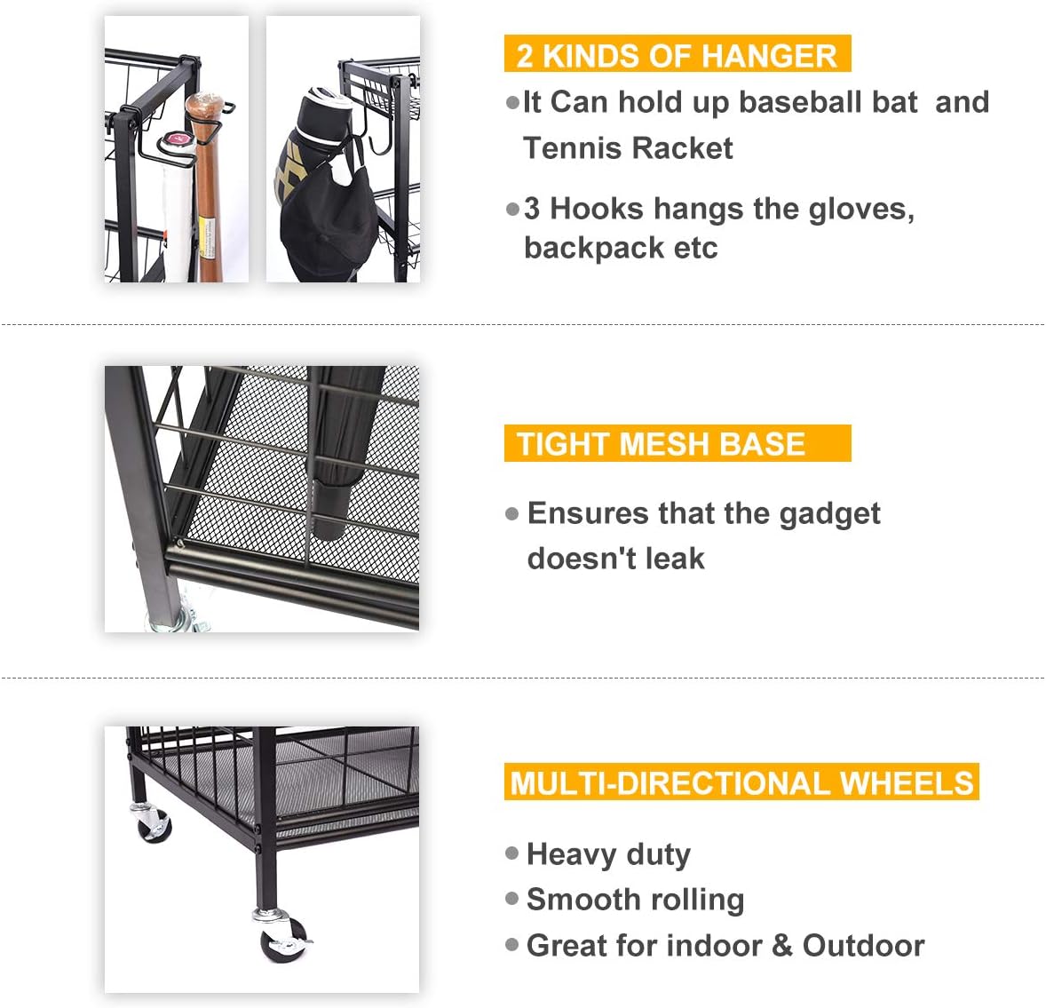 Kinghouse Garage Sports Equipment Organizer, Ball Storage Rack, Garage Ball Storage, Sports Gear Storage, Garage Organizer with Baskets and Hooks, Rolling Sports Ball Storage Cart, Black, Steel: Sports & Outdoors
