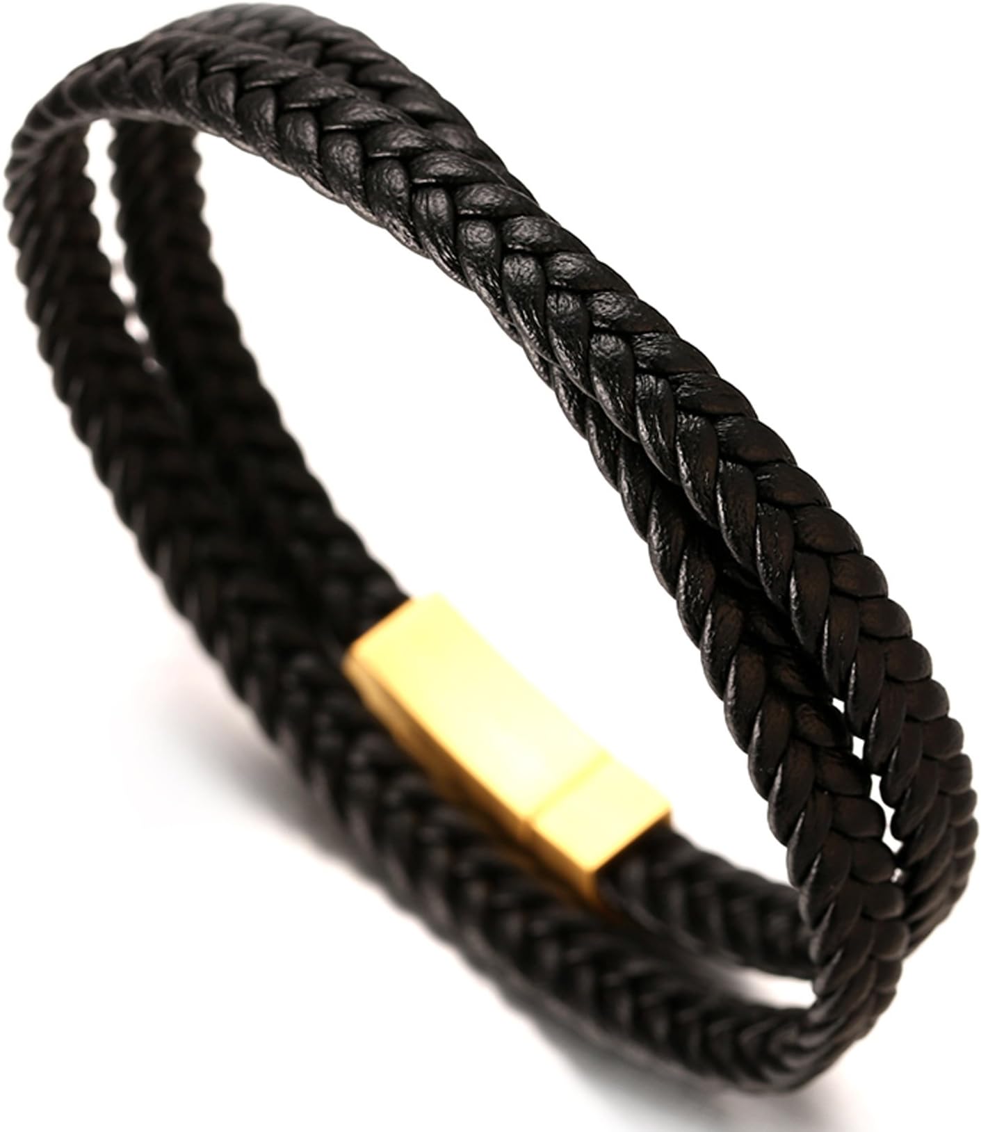 ● Jazz ● Men's Genuine Leather Handmade Double Layer Braid Bracelet Titanium Magnetic Clasp 8.46"(21.5cm) with Free Giftbox