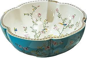 JDZJYBQX Blue Bathroom Vessel Sinks Ceramic Countertop Jingdezhen Art Flower Shape Wash Basin with Flower and Bird Design,1 Sink Only