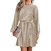 Happy Sailed Women's Velvet Dress Lantern Sleeve High Waist A-Line Skater Cocktail Party Dresses with Belt Business wear