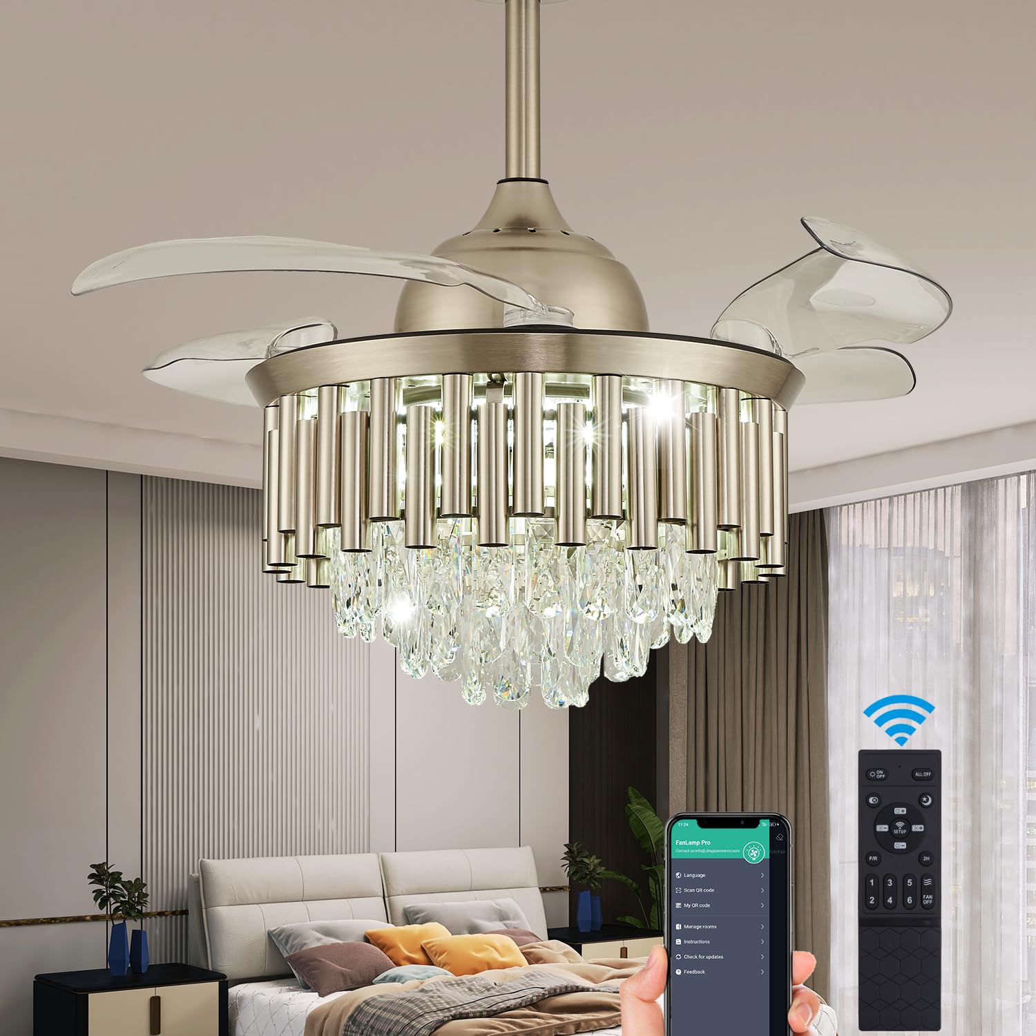 Photo 1 of YOLIZUOT 42 Inch Dimmable Crystal Ceiling Fan Retractable fan blade Modern Fandelier Ceiling Fans with Light, Chandelier Fan with Remote Control for Bedroom/Living Room,Polished Nickel