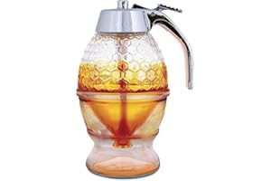 Hunnibi 8oz No Drip Glass Honey Dispenser with Plastic Top - Honeycomb-Style Syrup Server and Bee-Themed Storage Jar with Sta