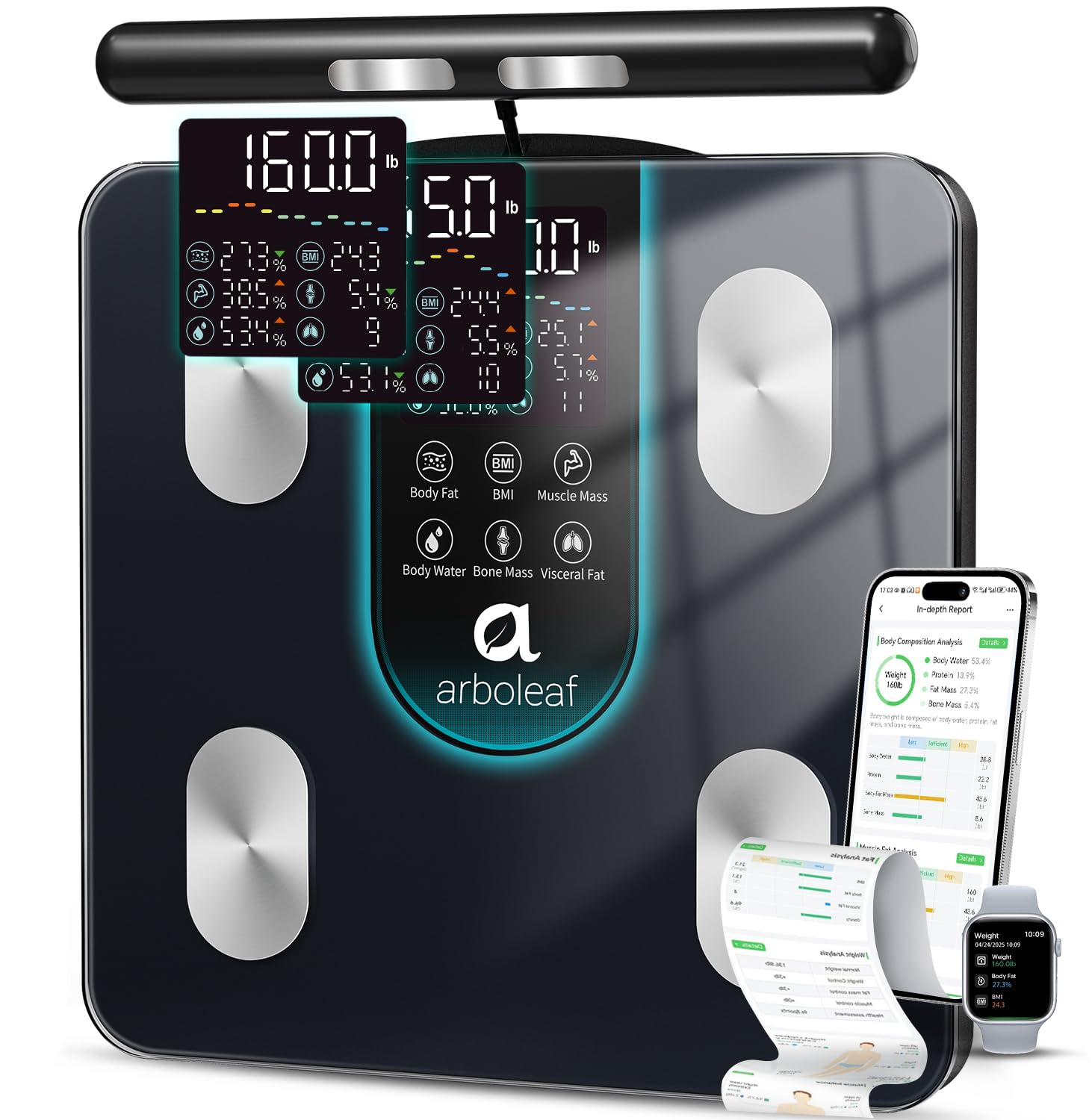 Arboleaf Smart Scale for Body Weight, 8-Electrode Dual-Frequency BIA Digital Bathroom Scale, 7-in-1 Display for BMI, Body Fat & Muscle Mass, 50+ Metrics in App, Body Composition Analyzer Image