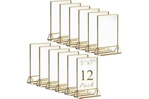 12Pack Acrylic Gold Frames Sign Holders, 5 x 7 Inch Wedding Table Number Stands, Clear Double-Sided Gold Picture Frames Menu 
