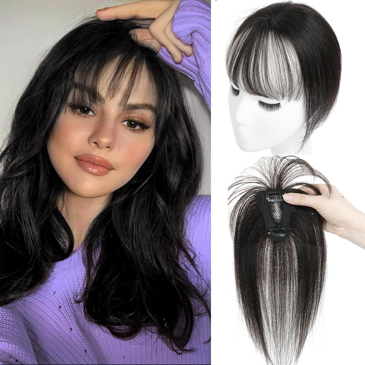 GULALUUK Clip in Fringe Bangs - 100% Human Hair Full Bangs, Daily Wear Natural Black (1B)