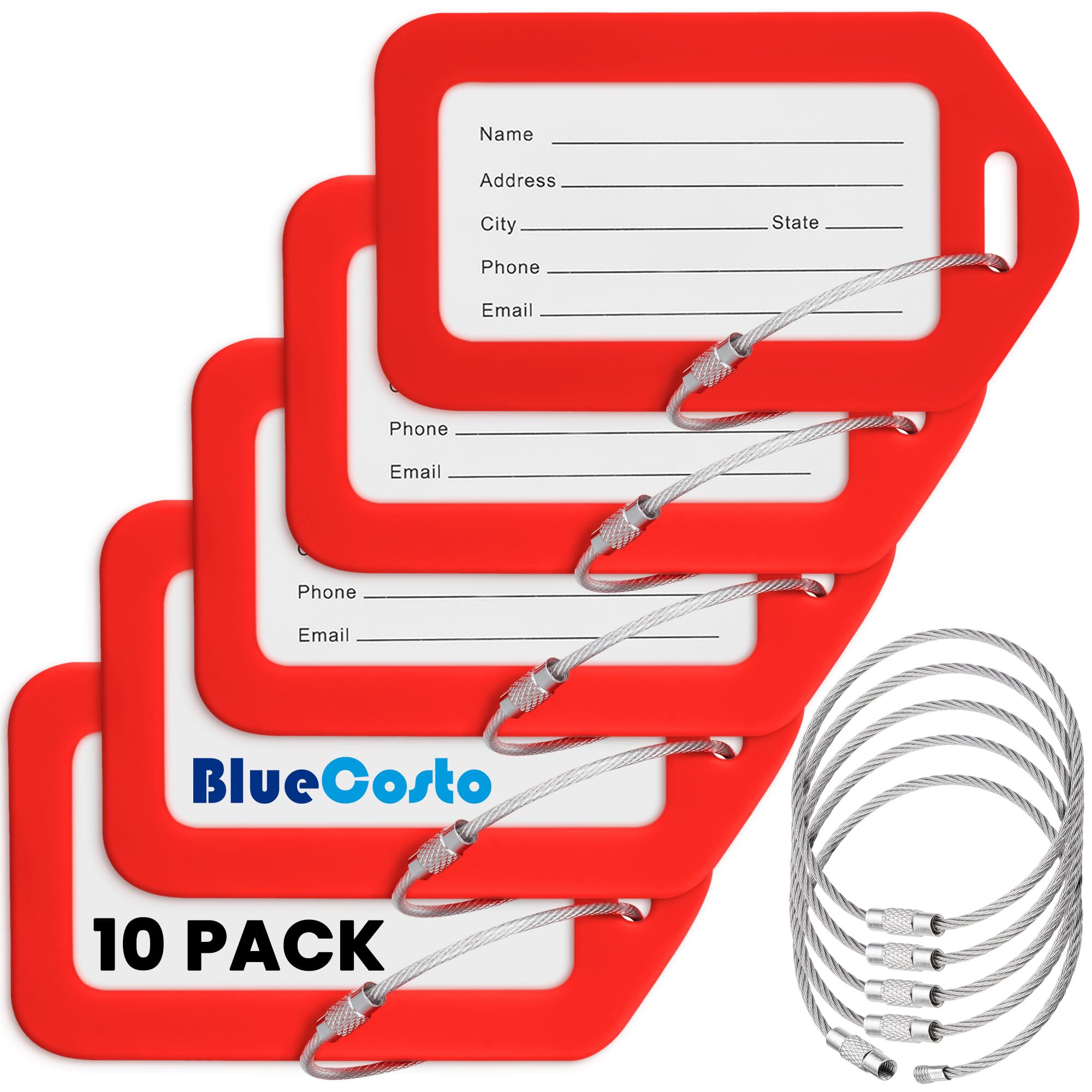 BlueCosto Luggage Tags (Small, Red, 10 PK) - Suitcase Tags w/Name ID Card & Heavy-Duty Metal Wire Loops - Bright Coloured PVC Tags for Travel Baggage - Backpack Name Labels