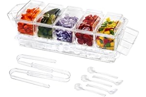IVYHOME Chilled Condiment Server | Taco Bar Serving Set for Party | Chilled Condiment Tray with Lid and 5 Removable Compartments
