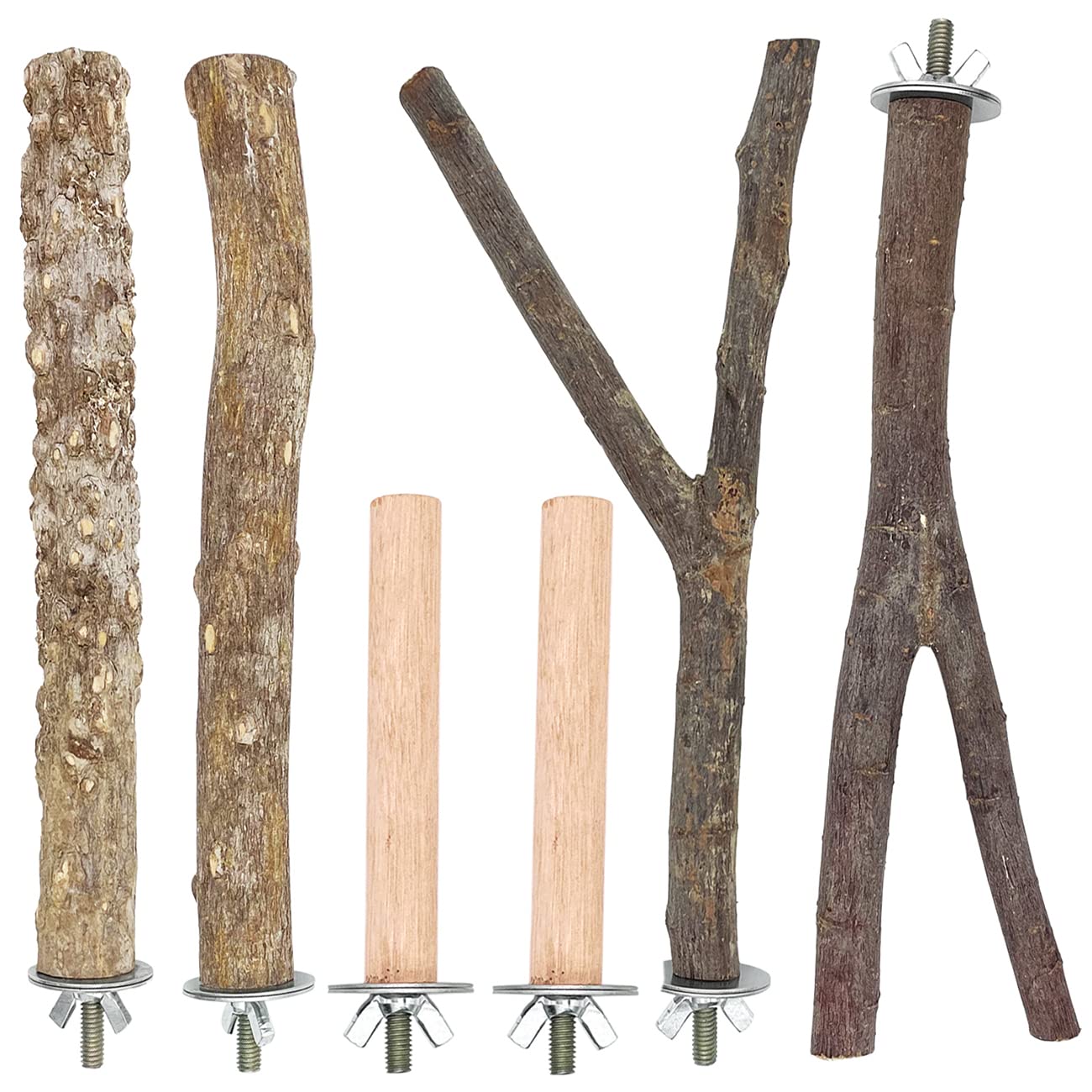 6 Pcs Bird Perch Stand Set, Bird Cage Parrot Toys Natural Wood Branch Standing Stick Platform Playground for Small Medium Budgies Love Macaws Finches Cockatiel Parakeet Conure Cage Accessory, 3 Types