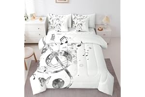 Erosebridal Music Note Full Comforter Set 7 Pieces, Butterfly Bed in A Bag, Grey White Bedding Set with Comforters, Sheets, P