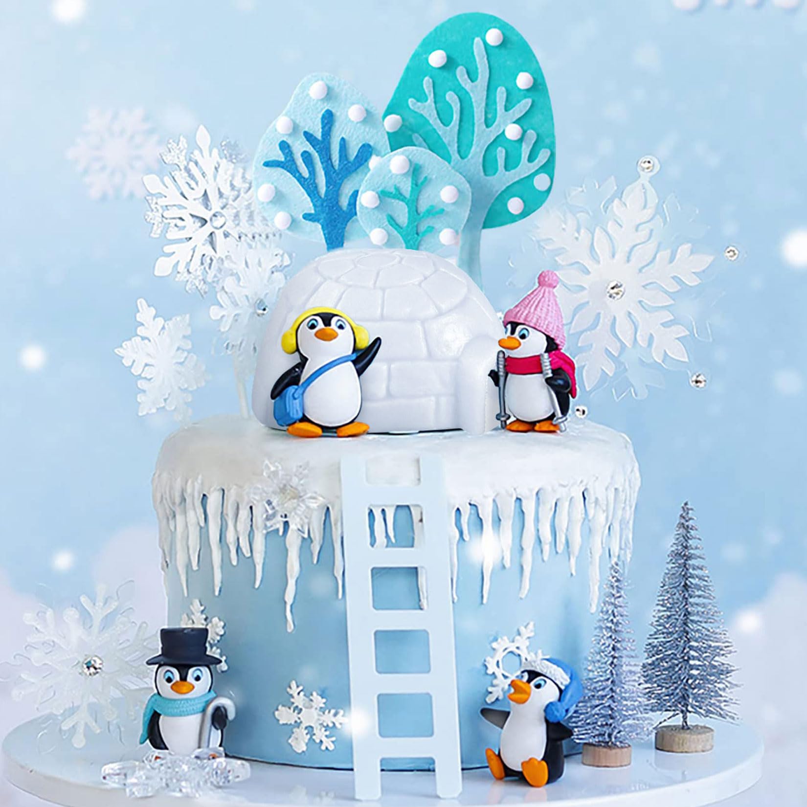 JeVenis Winter Penguin Cake Decoration Winter Onederland Cake Decorations Snowflake Cake Decoration (blue)