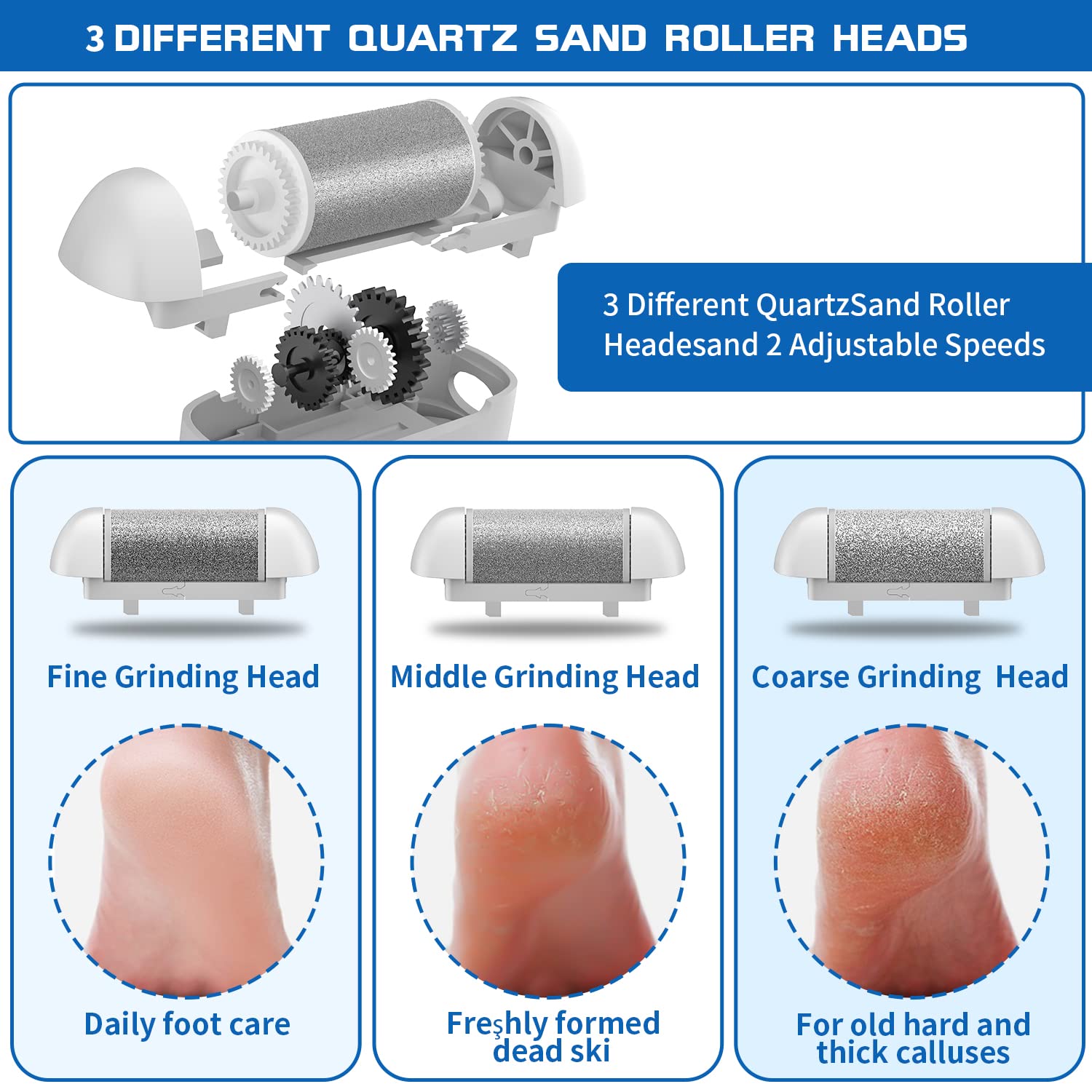 Electric Foot Callus Remover, Rechargeable Portable Electronic Foot File Pedicure Kits, Waterproof Foot Scrubber File, Professional Pedicure Tools, Foot Care for Dead Skin Ideal Gift, 3 Rollers - Image 4