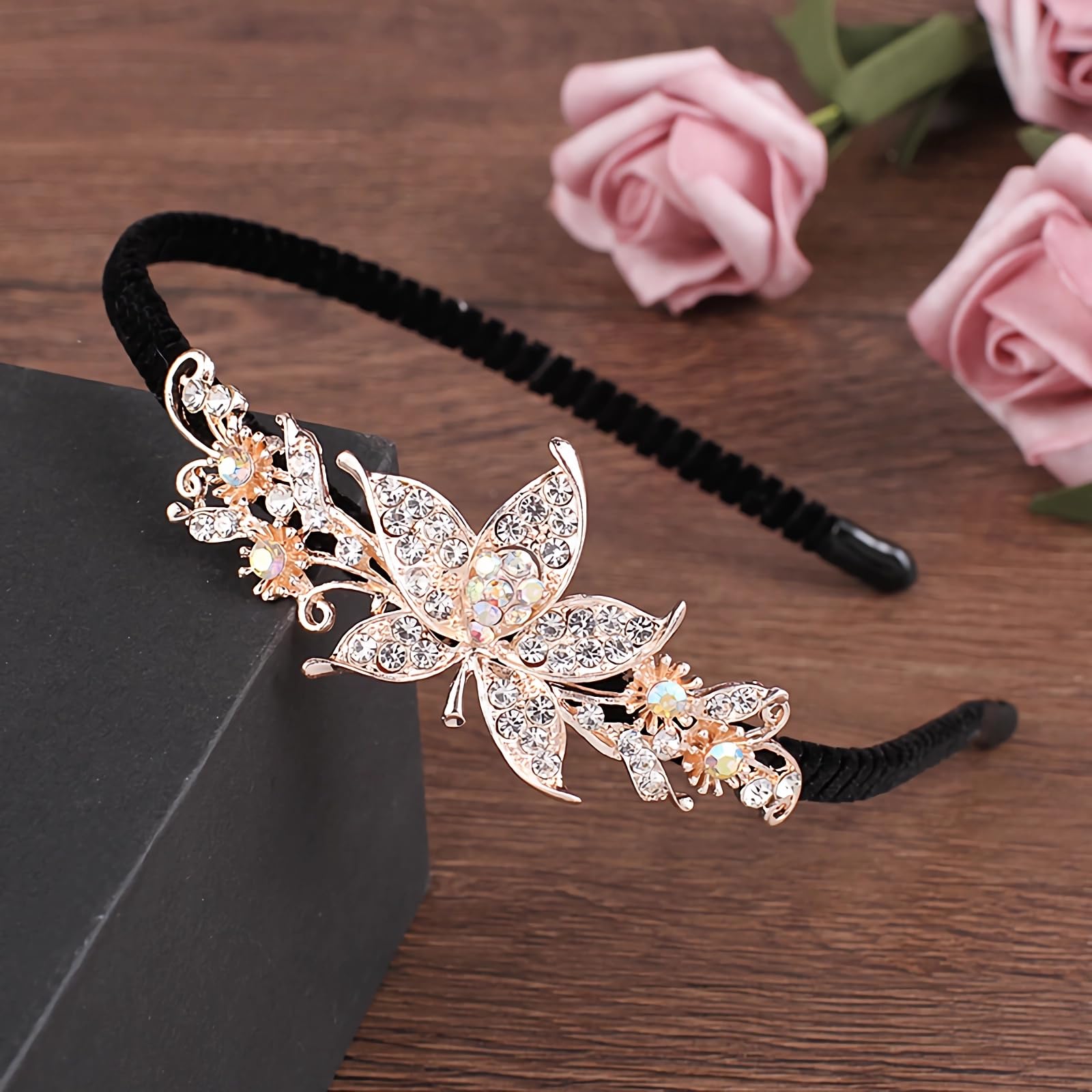 Crystal Heart Flower Hair Hoop Rhinestone Butterfly Headband 1920s French Love Heart Hair Band Vintage Velvet Hair styling Headpiece Accessories for Women(Gold B)