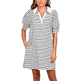 Yousify Women's Summer Lapel Collared V Neck Striped Dress Casual Puff Short Sleeve Polo Tshirt Dresses with Pockets