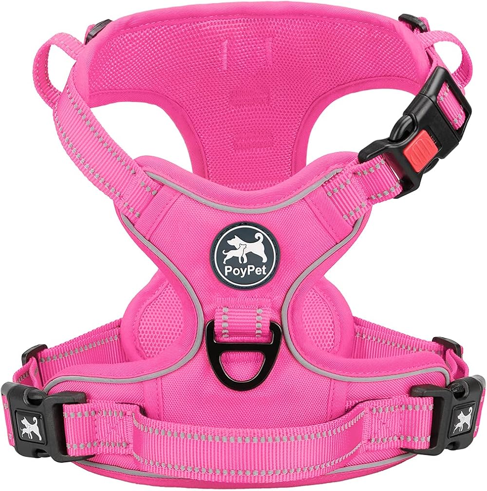 PoyPet No Pull Dog Harness Reflective Front Back D-Rings Pink L