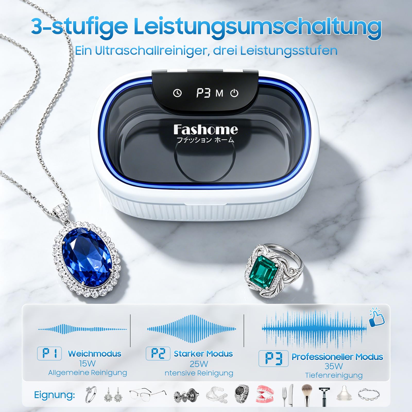 Fashome Ultraschallreiniger mit 2×100 ml Reinigungsflüssigkeit, 45 kHz 3 Modi, 550 ml Edelstahltank, für Schmuck, Brillen, Uhren & Zahnersatz, Reinigungskorb & Uhrenhalterung – mit Geschenkbox 4
