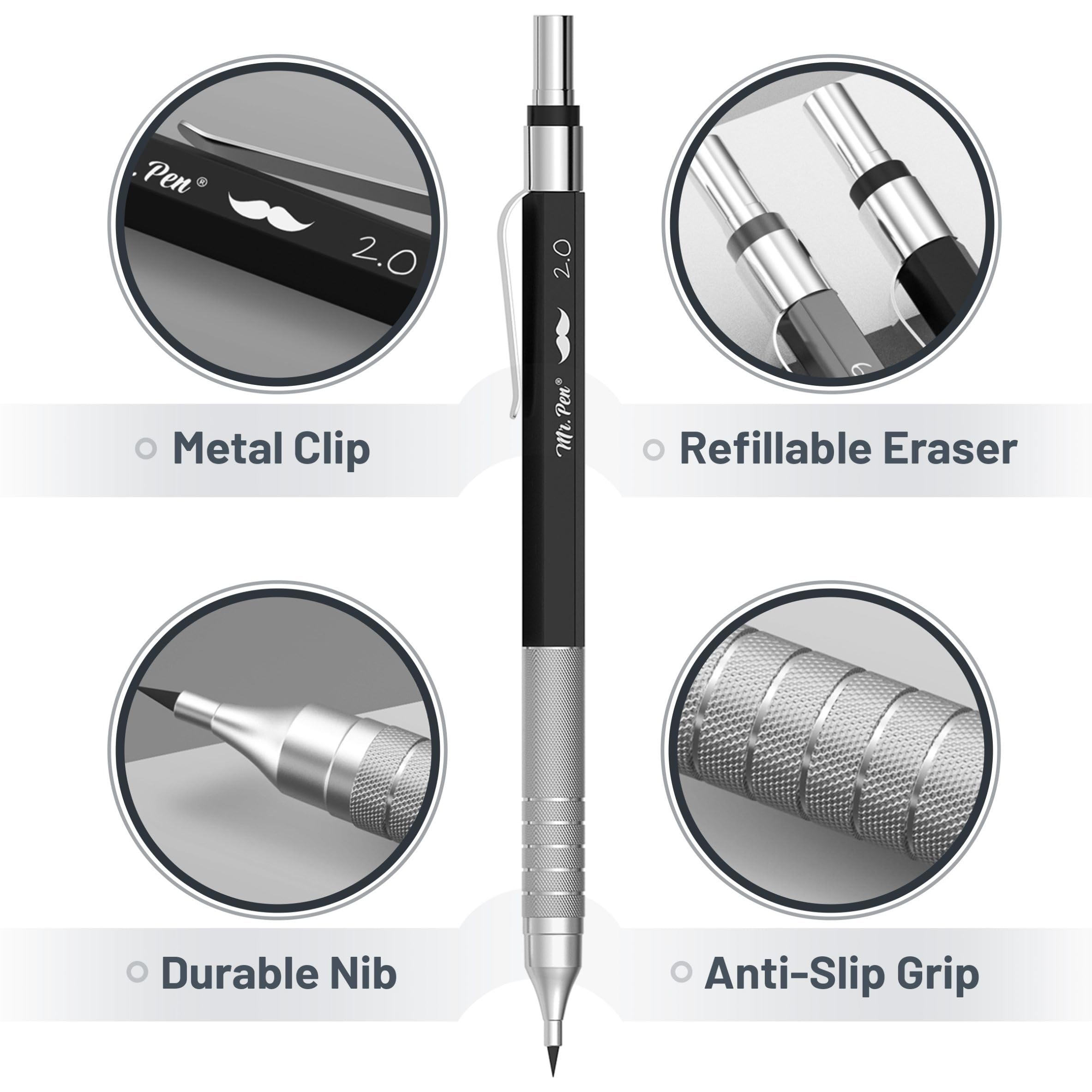 Mr. Pen Metal Mechanical Pencil Set with Leads and Eraser Refills, 5 Sizes - 0.3, 0.5, 0.7, 0.9 and 2 Millimeters, Sketching/ Drafting Pencil