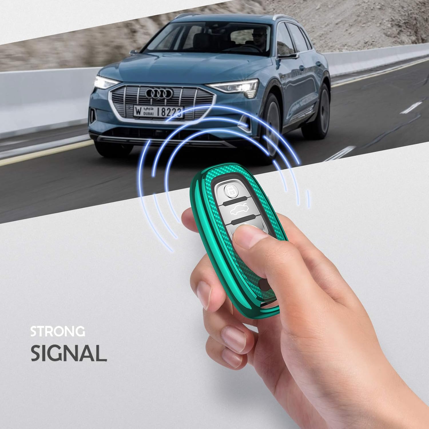 OATSBASF Car Key Cover Compatible with Audi,Suitable for Keyless Operation Keys Audi A4 A5 A6 A7 Q5 Q7 Q8 RS SQ TPU Silicone 3 Buttons Case Box (Green-Stripe) - Image 4