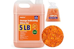 TUXIYA 5 LBS Orange Indicating Silica Gel Desiccant Beads,(Industry Standard 3-5 mm) Rechargeable Silica Gel Beads for 3D Filament, Electronic Devices, Camera, Jewelry, Safe(15PCS Organza Bag)
