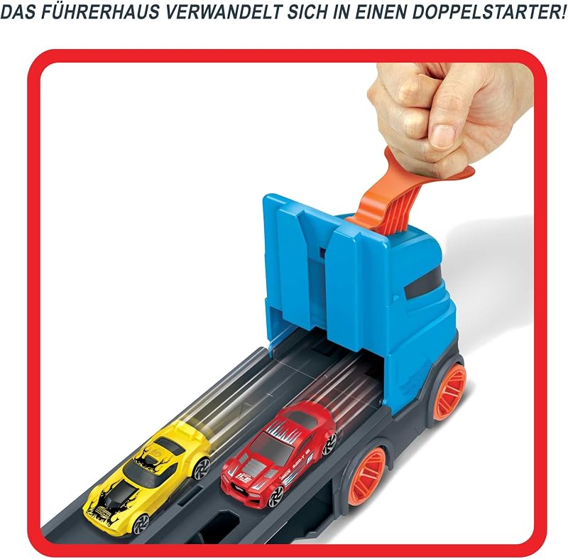 - 2:1 Autorennbahn zu Transporter, inkl. 3 Spielzeugautos, mit Doppelstarter, Auslösefunktion und Weiche, Platz für 20 Autos, Spielzeug ab 4 Jahre, HGH33