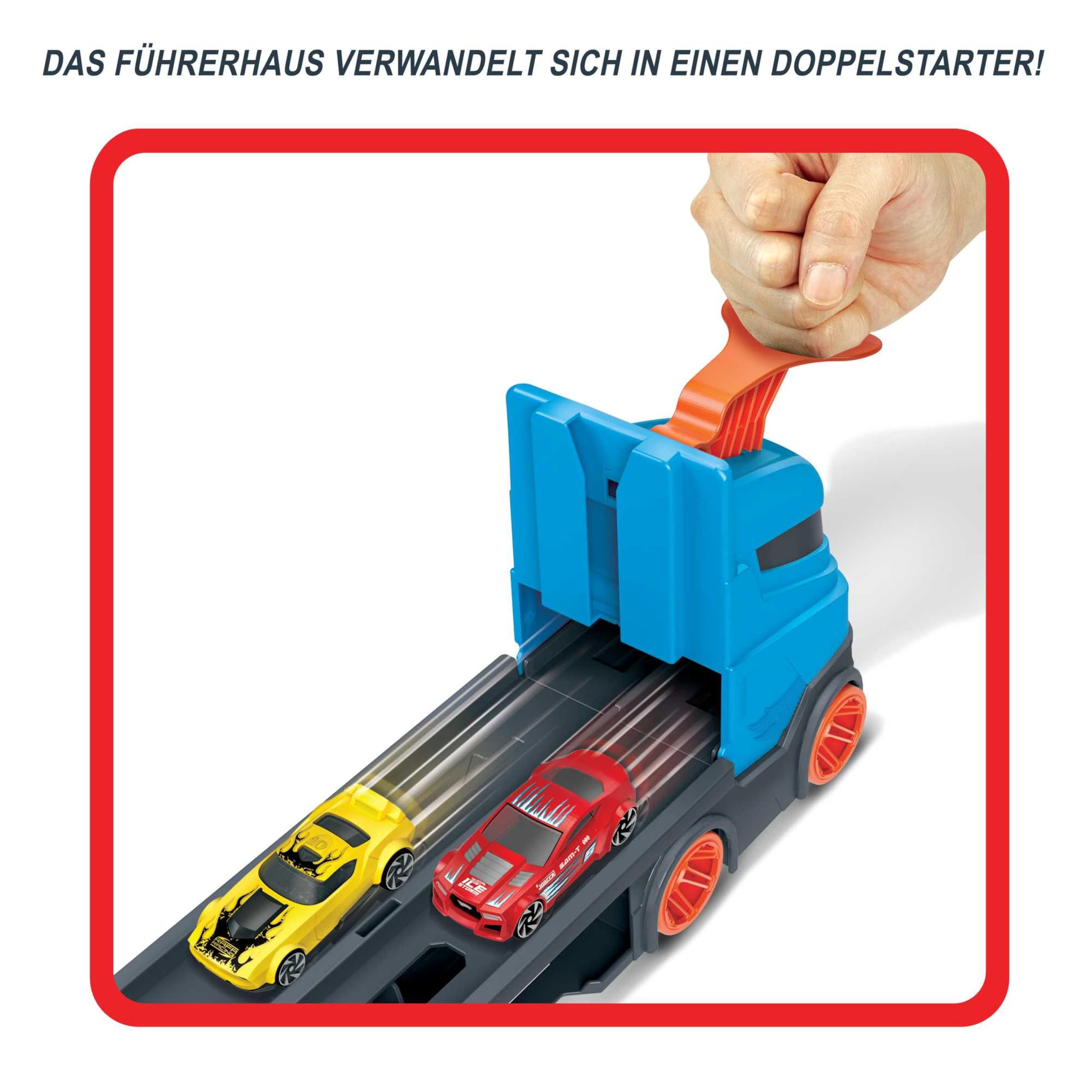 Hot Wheels - 2:1 Autorennbahn zu Transporter, inkl. 3 Spielzeugautos, mit Doppelstarter, Auslösefunktion und Weiche, Platz für 20 Autos, Spielzeug ab 4 Jahre, HGH33 7