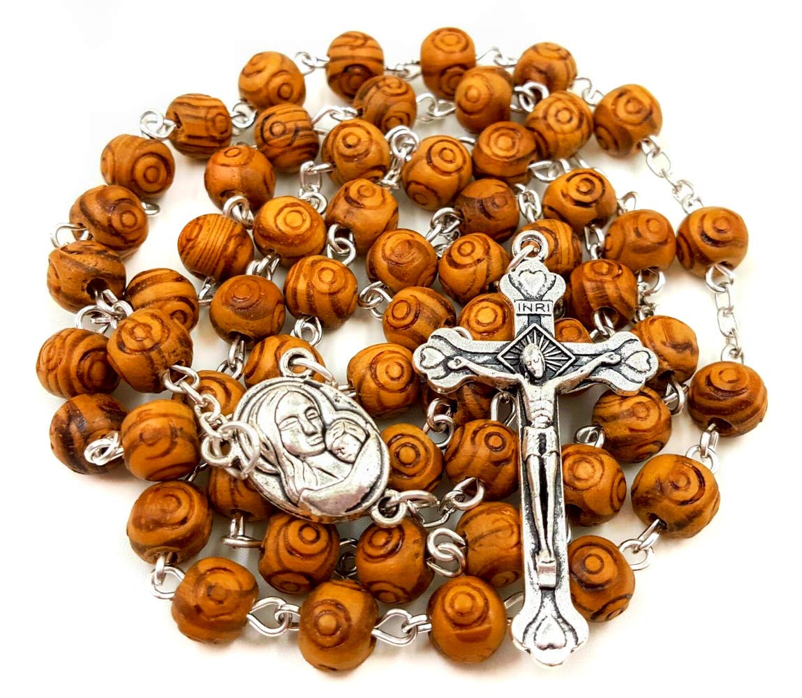 Nazareth Store Carved Wood Beads Rosary Necklace Holy Soil Medal & Silver Jesus Cross Packed in Velvet Bag