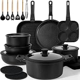 KIKCOIN 30-Piece Nonstick Pots and Pans Set, Cookware with Removable Handle | Complete Cooking Set; Induction Ready, Stackable, Dishwasher &amp; Oven Safe to 480&deg;F, PFAS-Free; Includes Frying Pans, Stock Pot